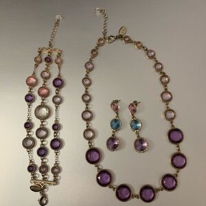 White House Black Market Purple and Pink Necklace , bracelet, earrings bezel Set